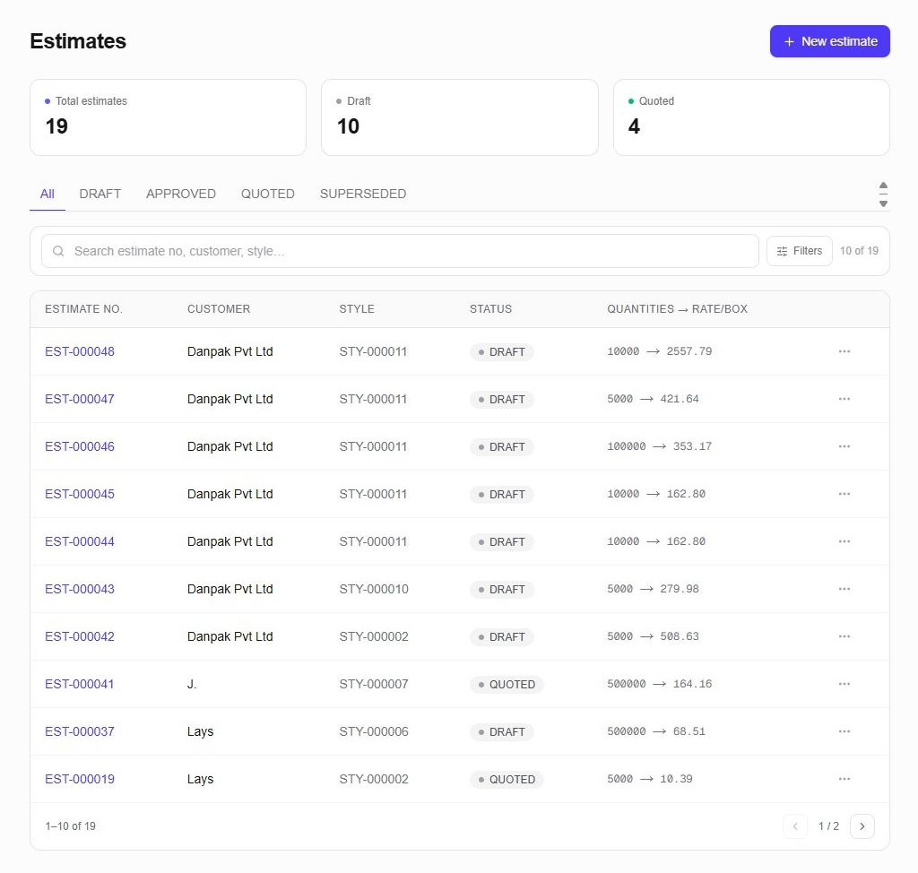 PackFlow Estimating Module: Calculate blank size, deckle utilization, board weight, and live margin in under a second